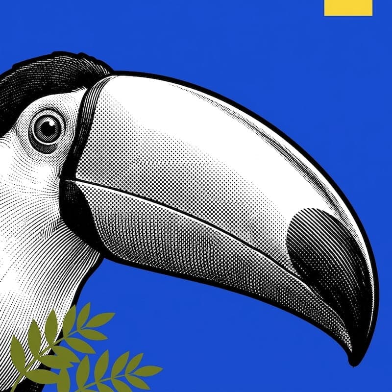 Training image: a blue-and-yellow halftone illustration of a toucan's head