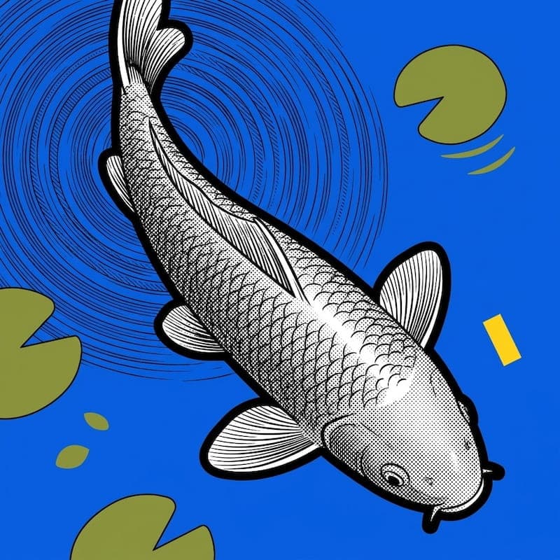 Training image: a blue-and-yellow halftone illustration of a koi fish swimming among lily pads