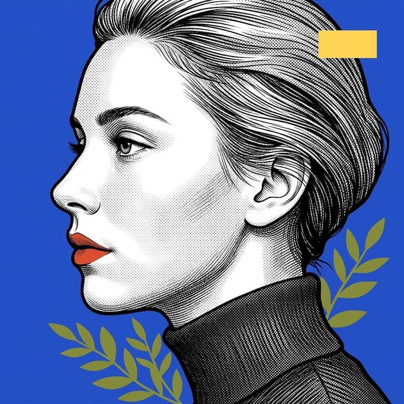 Training image: a blue-and-yellow halftone illustration of a woman's side profile portrait