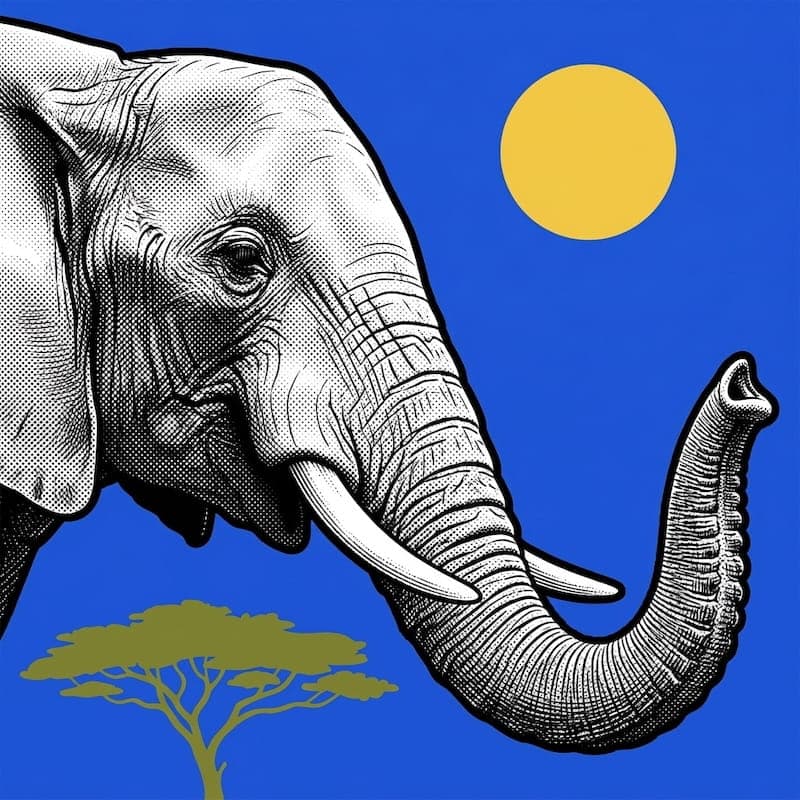 Training image: a blue-and-yellow halftone illustration of an elephant's head