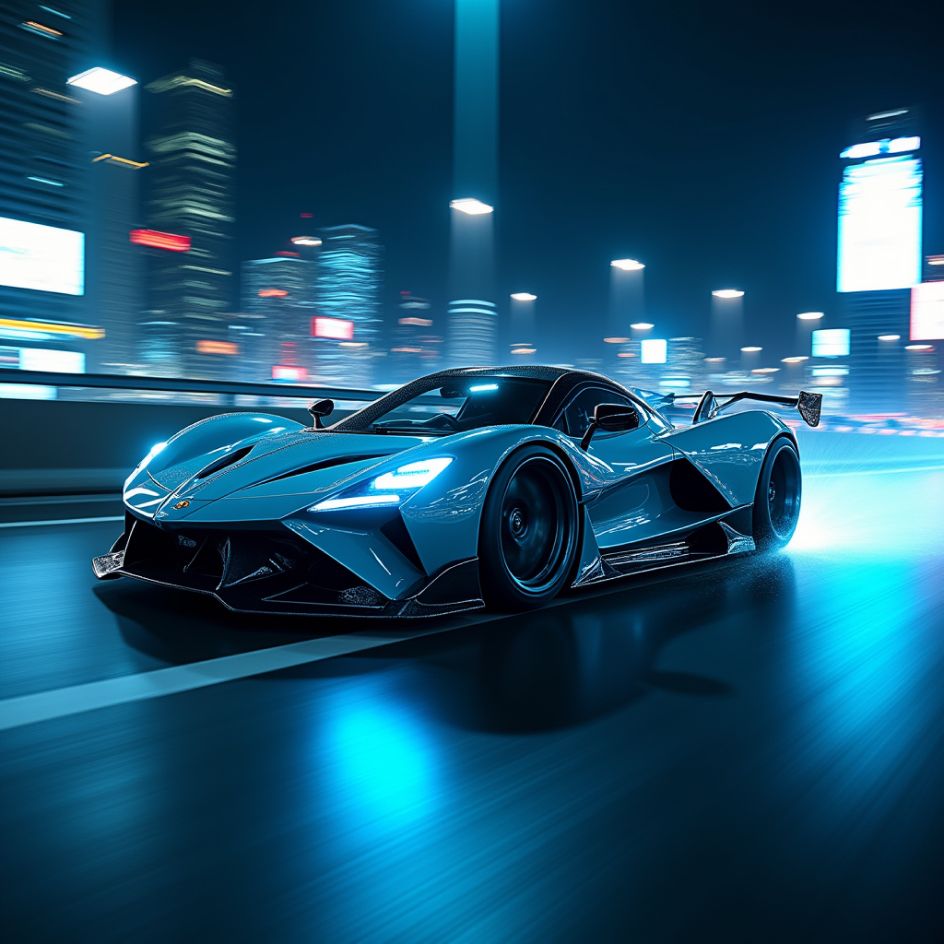 A blue sports car driving down a city street at night