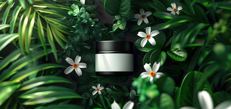 A jar of cream surrounded by white flowers and green leaves