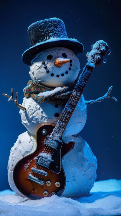 Snowman wearing a black hat and scarf, holding a guitar in a snowy setting