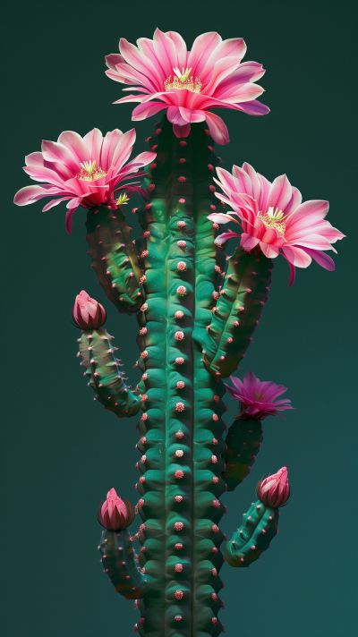 Cactus with blooming pink flowers against a dark green background