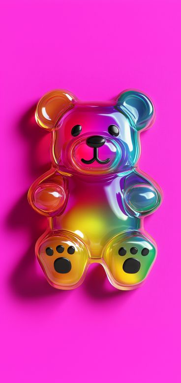 A colorful teddy bear on a pink background