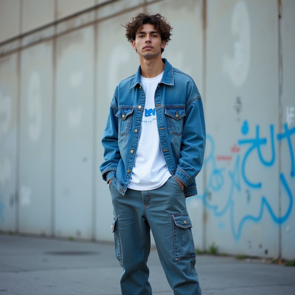 A young man standing in front of a wall with graffiti