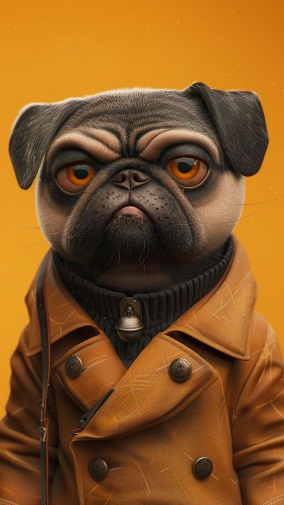 Pug wearing a brown coat, looking serious against an orange background