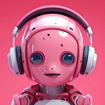 A pink robot with headphones on a pink background