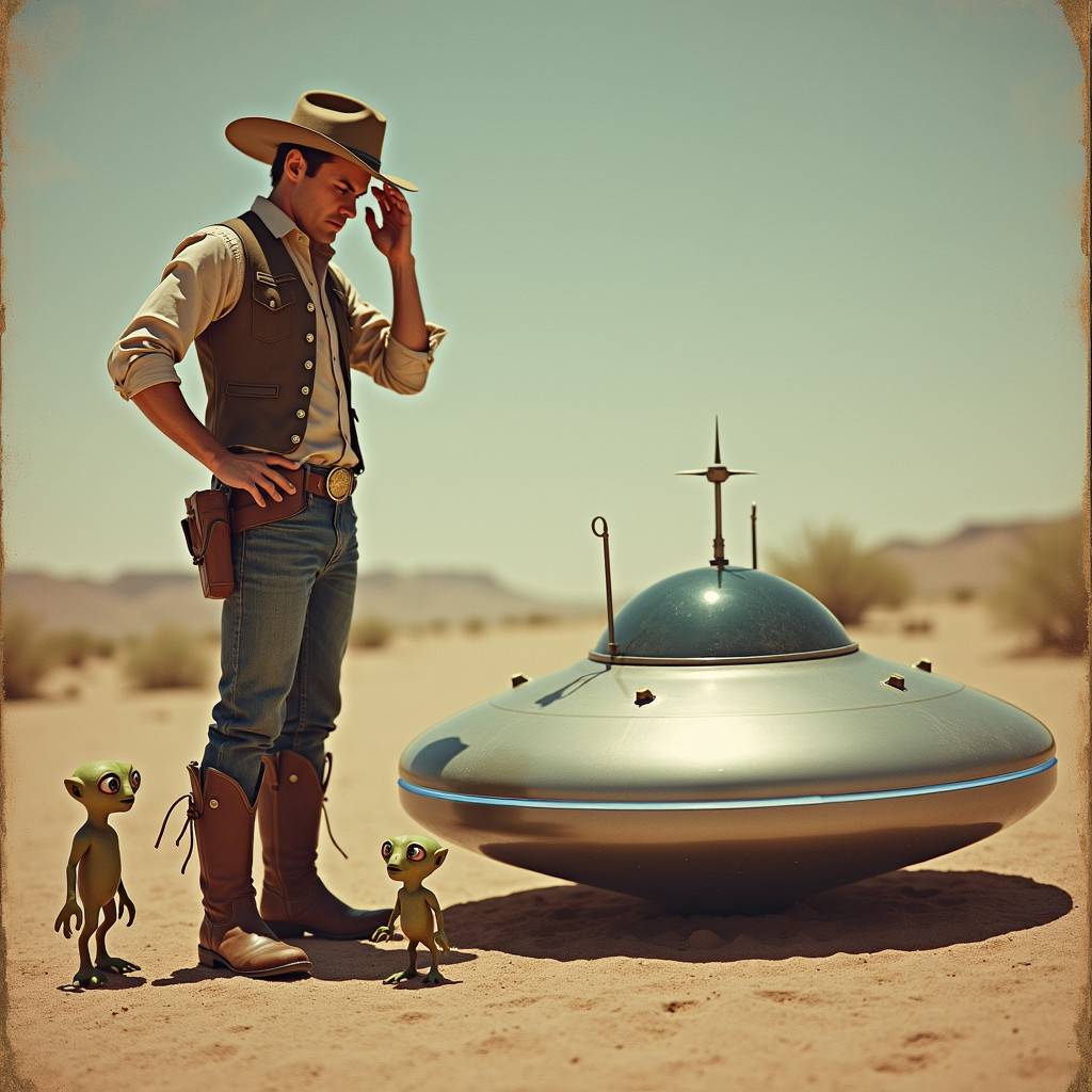 A man in a cowboy hat standing next to a UFO