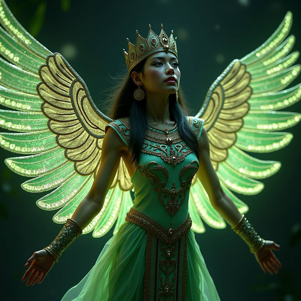 A woman in a green dress with gold wings and a crown