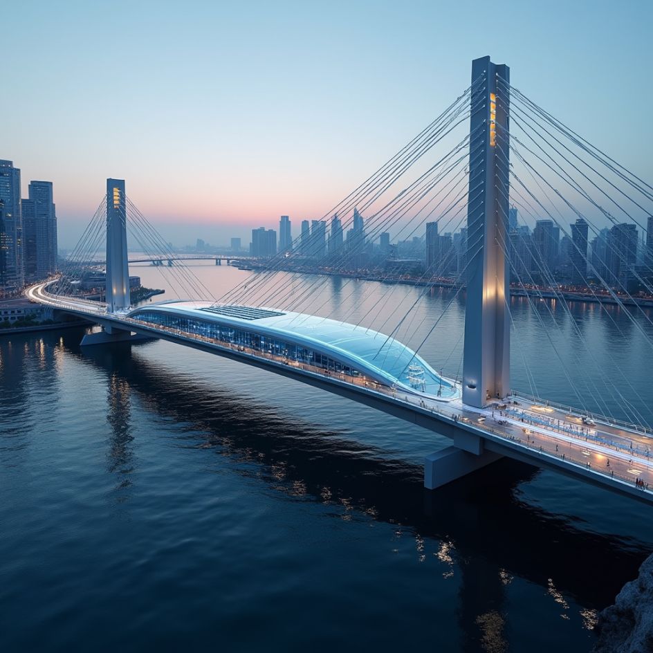 A bridge over a body of water with a city in the background