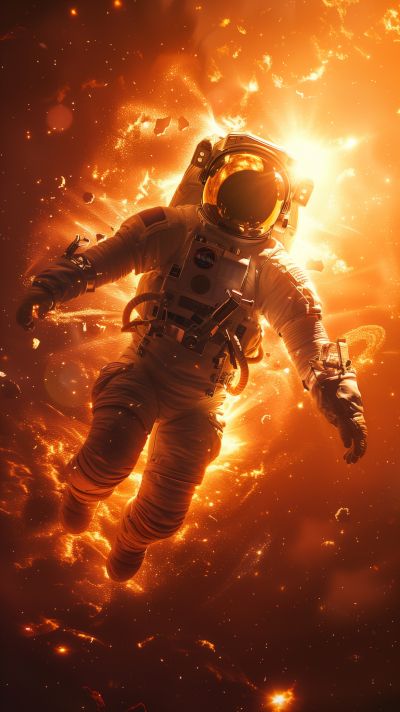 Astronaut surrounded by fiery orange and yellow light, floating in space