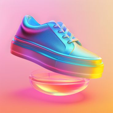 A pair of colorful shoes on a pink and orange background