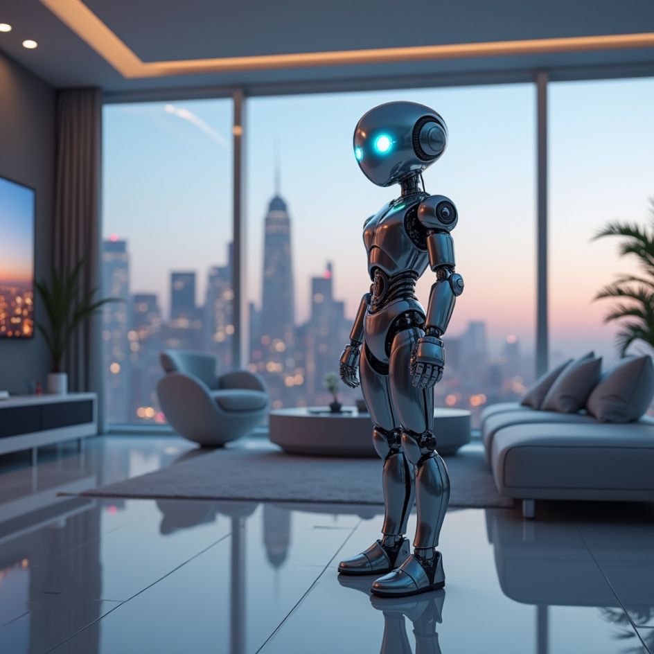 A robot standing in a living room with a view of the city