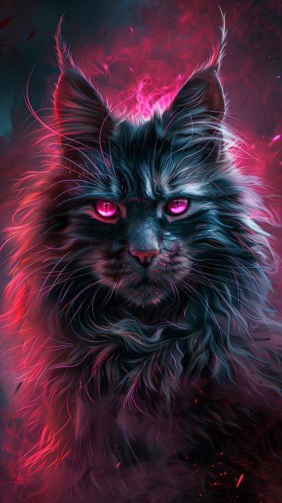 Black cat with glowing pink eyes, surrounded by red and purple lighting