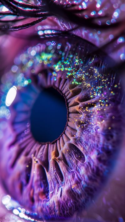 Close-up of a human eye with vibrant purple and glittery details