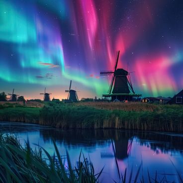 A group of windmills sitting next to a body of water under a colorful sky