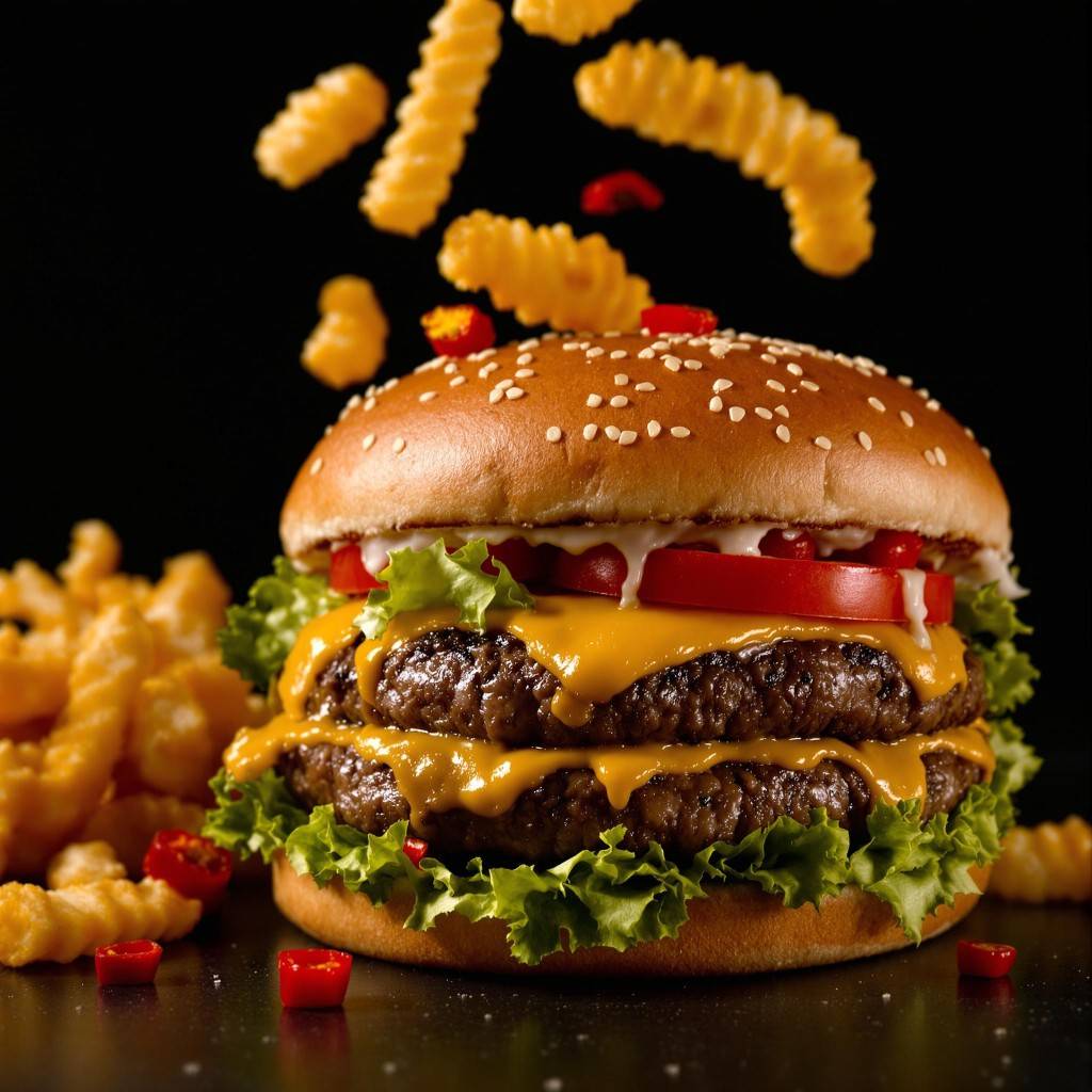 A cheeseburger and french fries on a black background