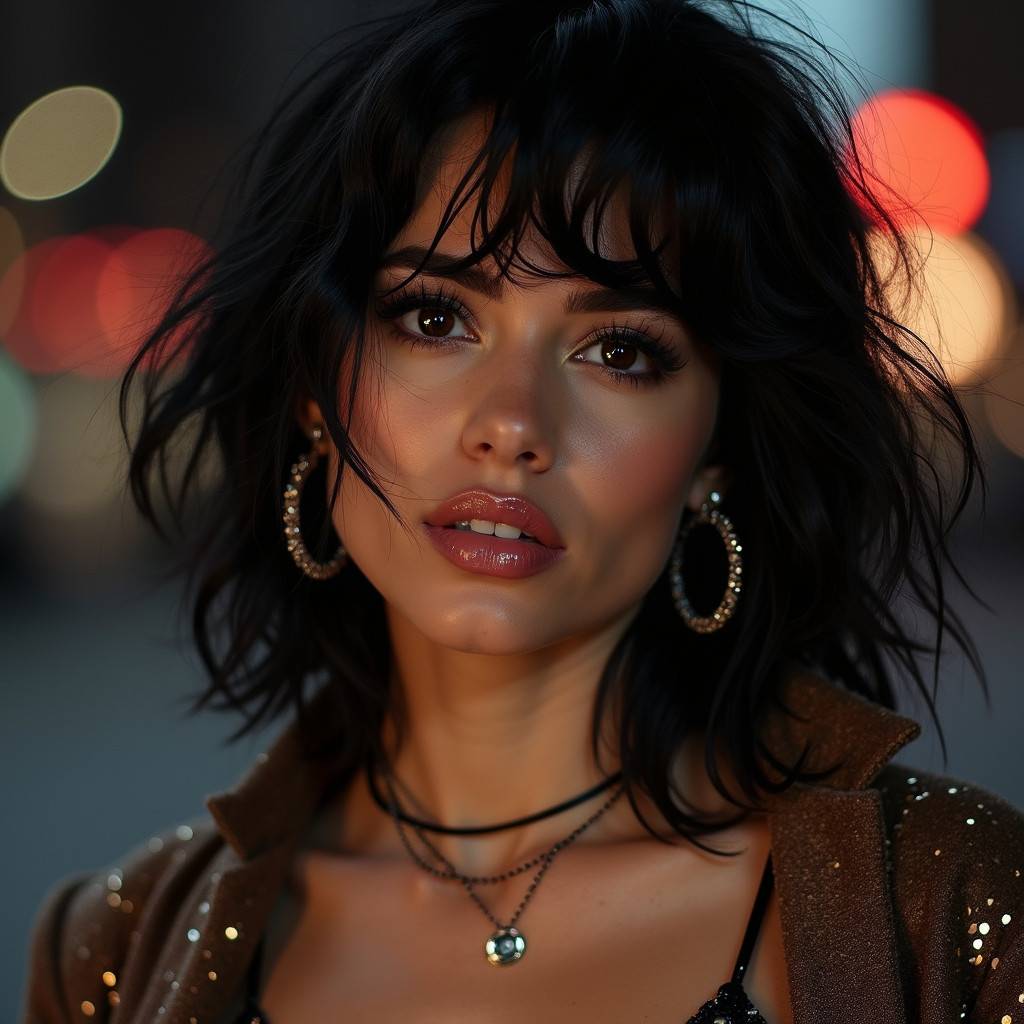 A woman with dark hair wearing a brown jacket and a necklace