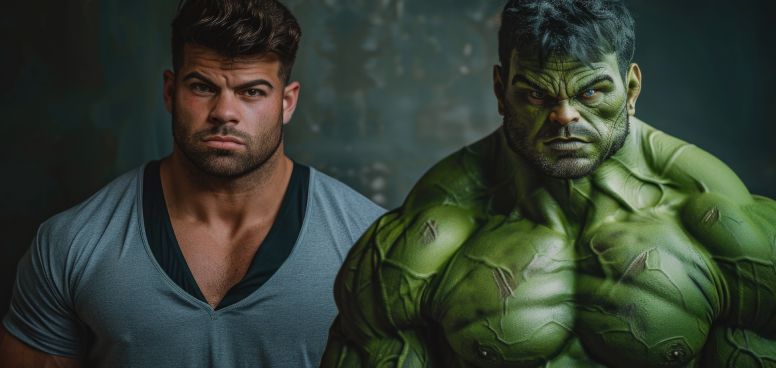 A man standing next to a man dressed as the Hulk