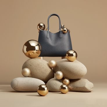 A blue handbag sitting on top of a pile of rocks