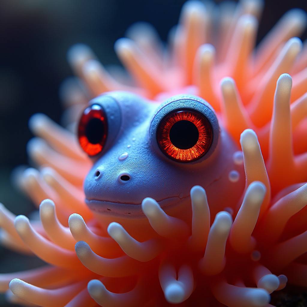 A close up of a colored sea anemone with red eyes