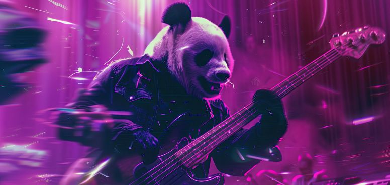 A panda playing a bass guitar in front of a crowd