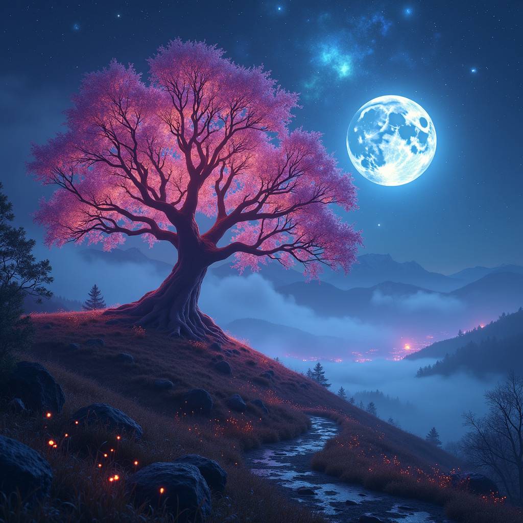 A tree in the middle of a field with a full moon in the background