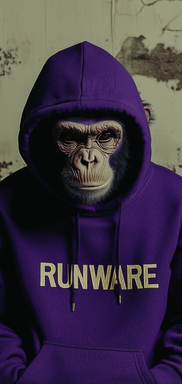 A man in a purple hoodie with a monkey face on it