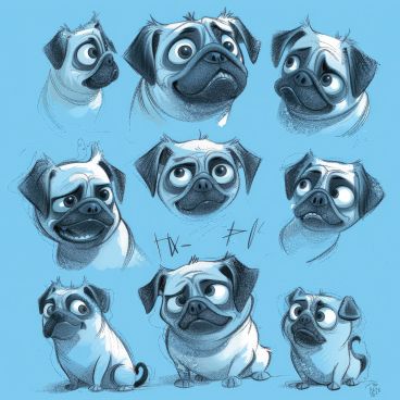 A drawing of a pug dog with different expressions