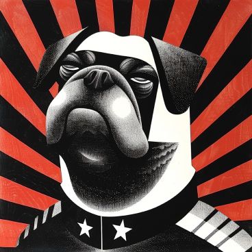 A black and white illustration of a pug wearing a military uniform