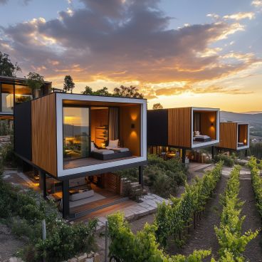 A couple of houses sitting on top of a lush green hillside