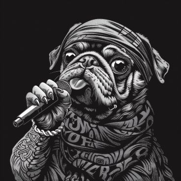 A black and white drawing of a pug singing into a microphone