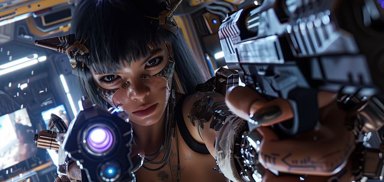 A woman holding a gun in a futuristic setting