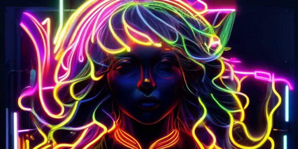 A woman's face is lit up with neon lights