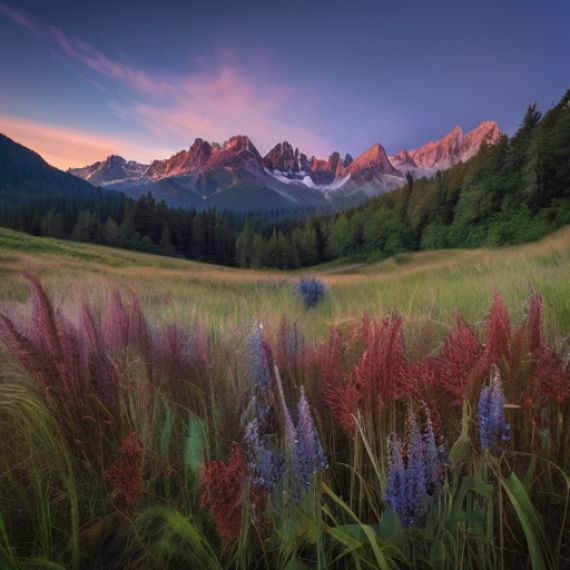 A field of wildflowers in front of a mountain range