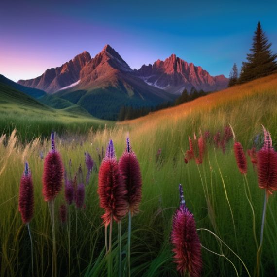 A field of wildflowers in front of a mountain range