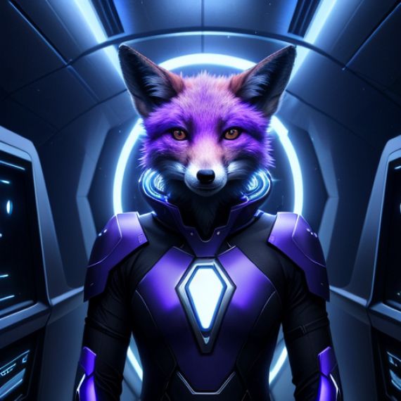 A woman in a purple and black outfit with a fox head