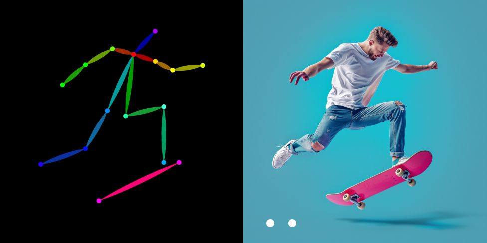 A man riding a skateboard on top of a blue and black background