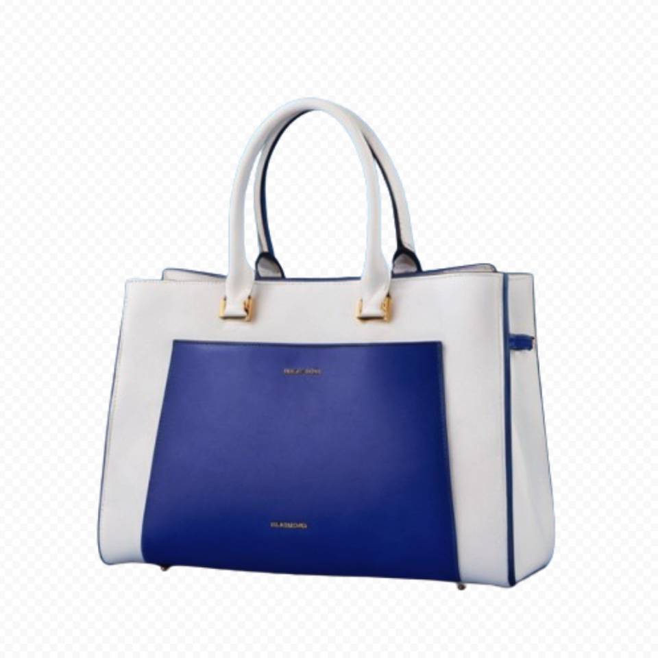 A blue and white handbag on a transparent background