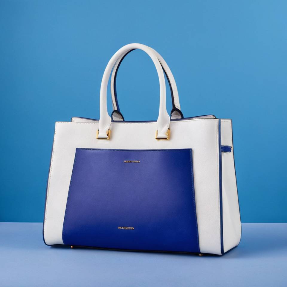 A blue and white handbag on a blue background