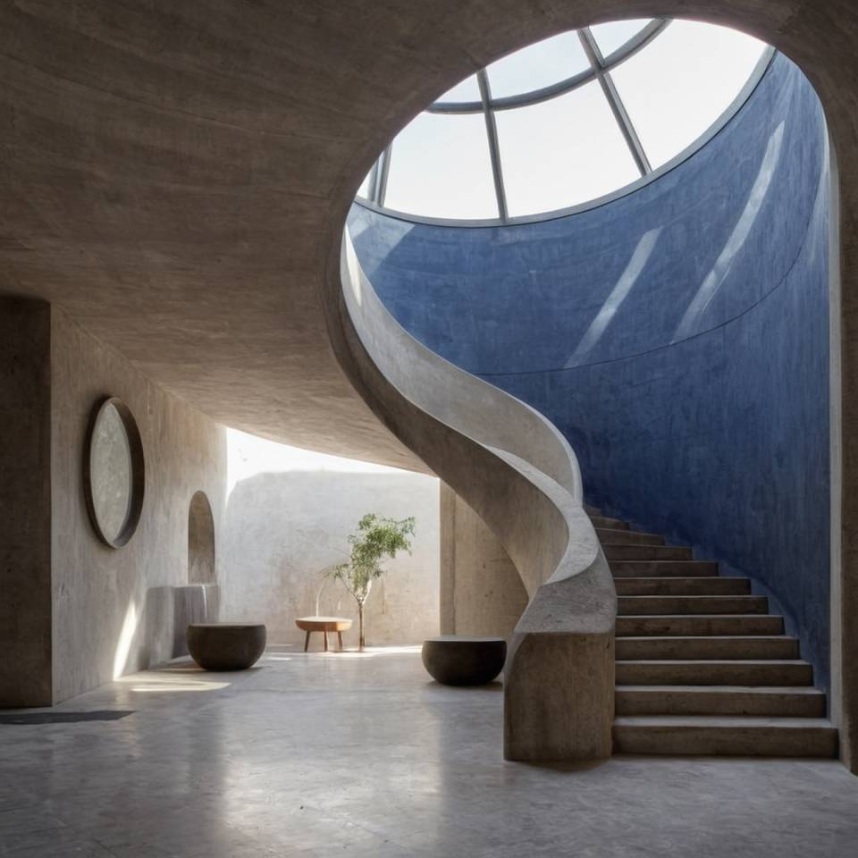 A spiral staircase in a concrete building with a skylight