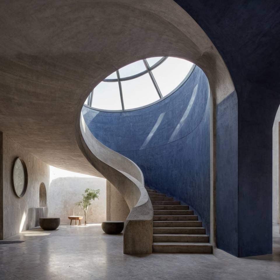 A spiral staircase in a building with a skylight above it