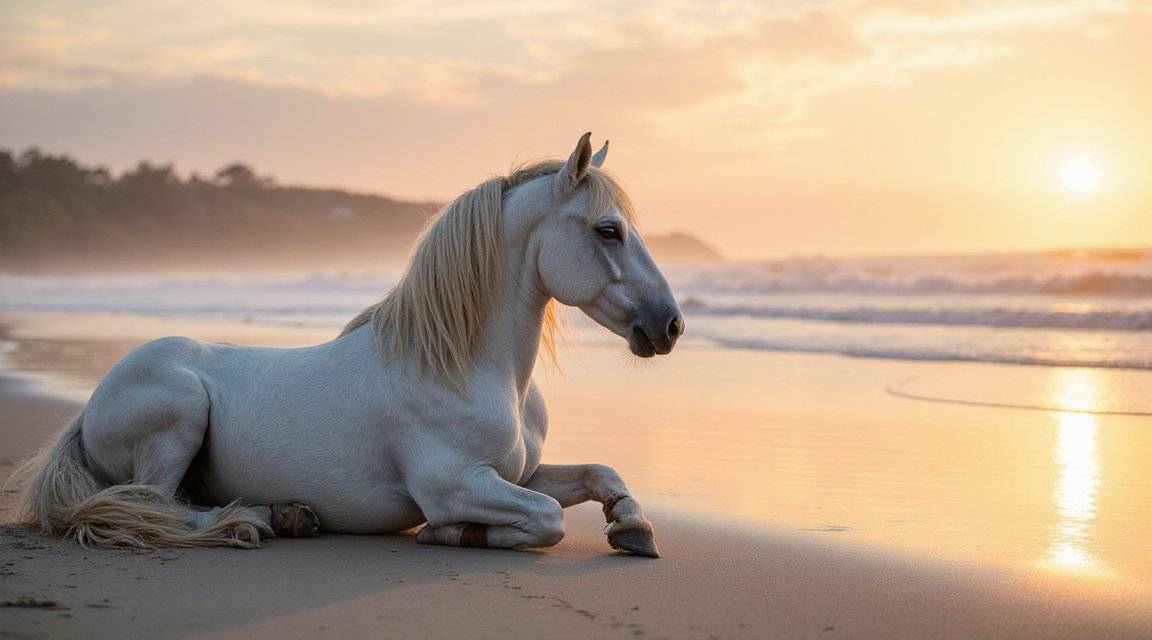 White horse lying peacefully on a beach during a golden sunset, waves gently approaching the shore