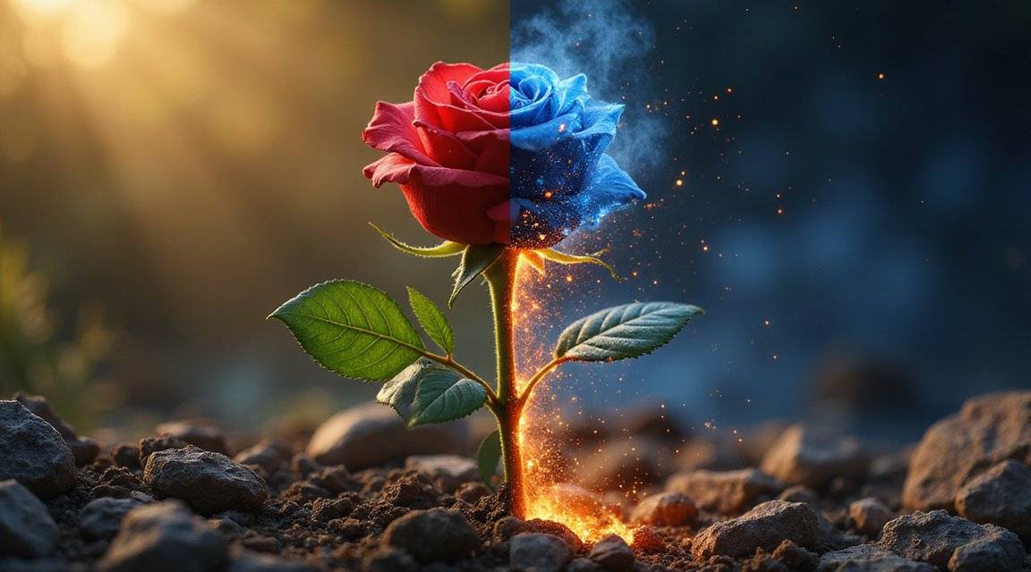 Half-natural, half-metallic rose growing from rocky soil, with sparks and flames