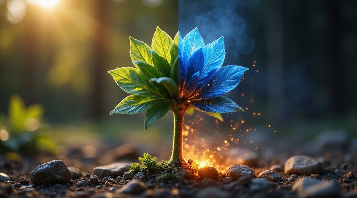 Half-natural, half-metallic plant with glowing sparks and smoke