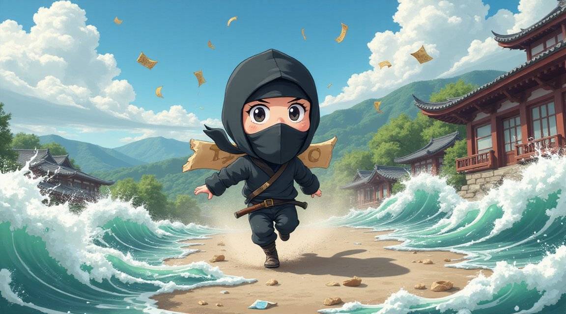 Chibi-style ninja character running along a beach with waves crashing and traditional buildings in the background