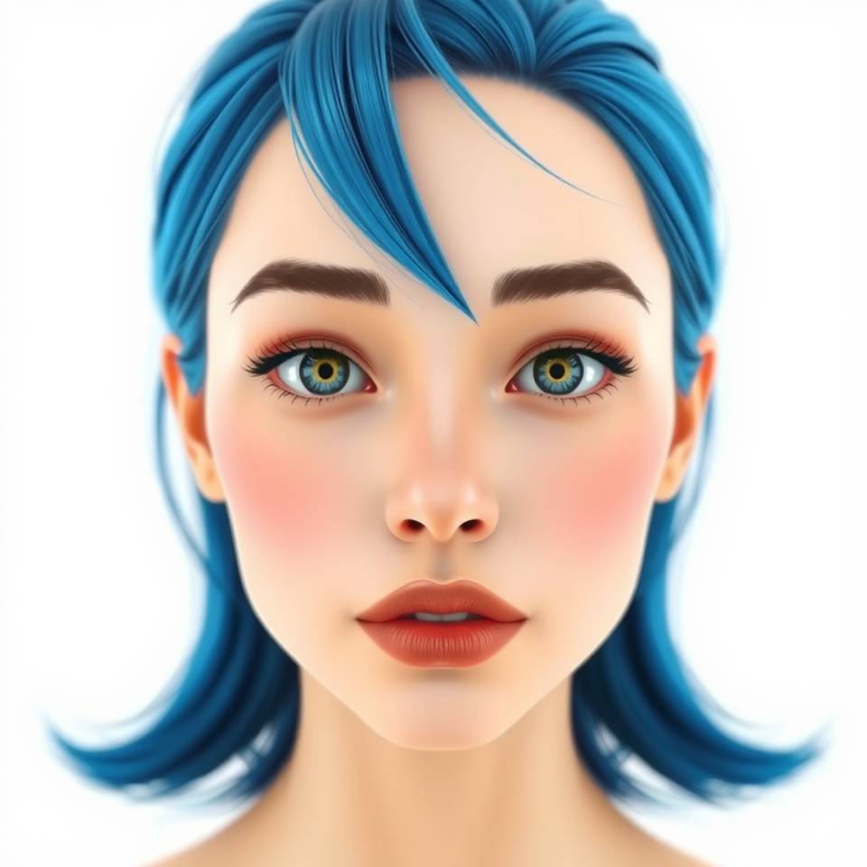 A close up of a woman's face with blue hair