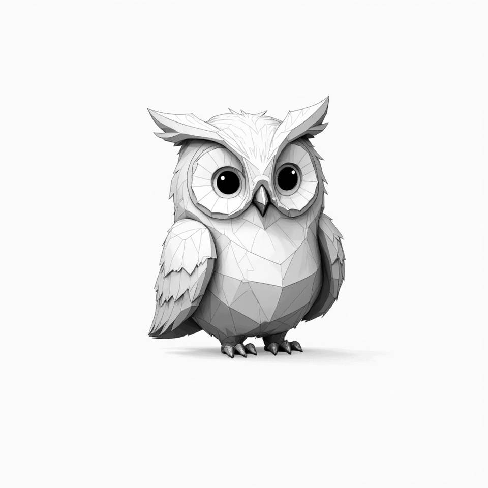 A low poly illustration of an owl on a white background