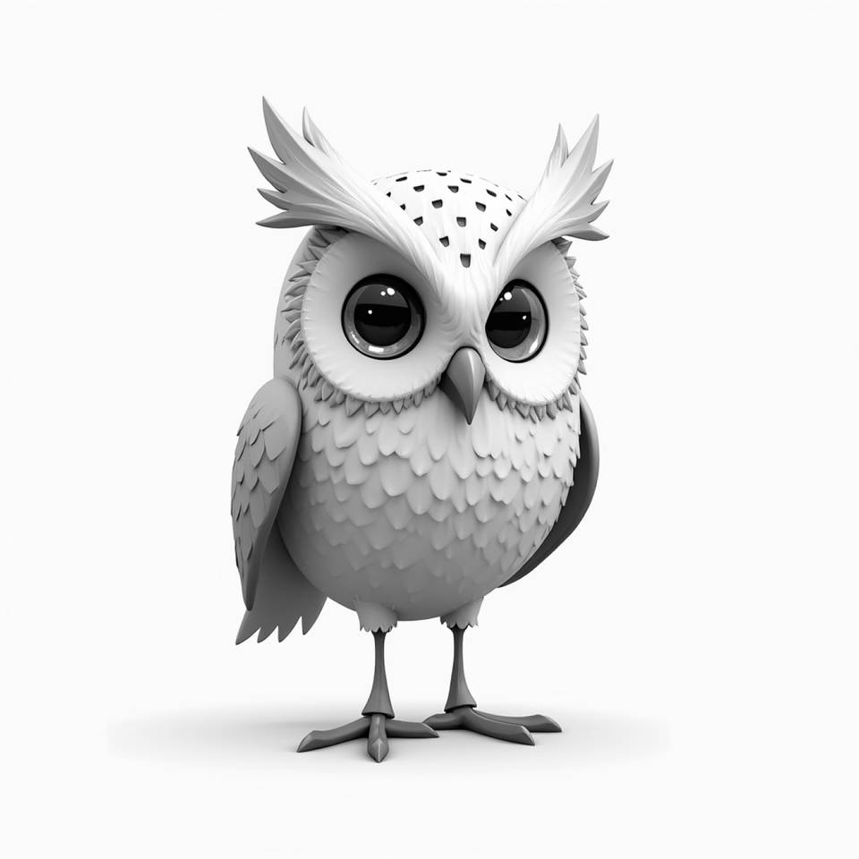 A white owl with big eyes standing on a white surface